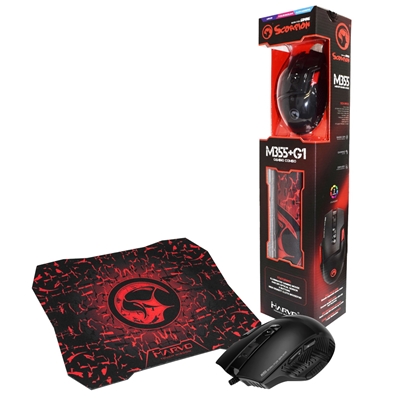 Marvo Scorpion M355 Gaming Mouse and G1 Mouse Pad, USB, Ergonomic design with 7 Colour LED, 5 Adjustable levels up to 6400 DPI, Gaming Grade Optical Sensor with 9 Programmable Buttons
