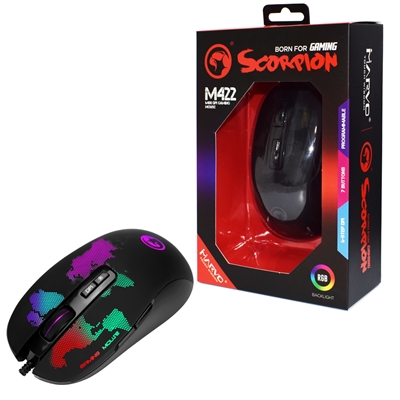 Marvo Scorpion M422 RGB Gaming Mouse, USB 2.0, Low-profile design with multiple lighting schemes, 6 Adjustable DPI levels up to 6400 DPI, Gaming Grade Optical Sensor with 7 Programmable Buttons