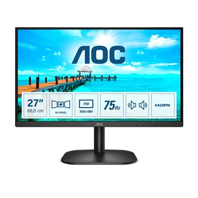 AOC 27B2AM 27 Inch LED Monitor,  Widescreen, Full HD, VGA, HDMI, 4ms, 75Hz, Frameless, Speakers, VESA, Black