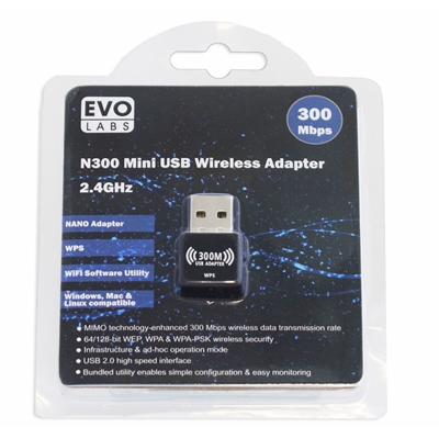 Evo Labs N300 Wireless N Mini USB Wi-Fi Network Adapter