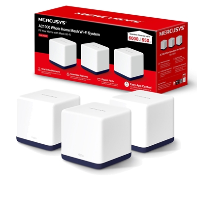 Mercusys Halo H50G (3-pack) AC1900 Whole Home Mesh Wi-Fi System, 600 Mbps at 2.4 GHz + 1300 Mbps at 5 GHz, 3x Internal Antennas, 3x Gigabit Ports per Unit, Halo App, One Unified Network, Seamless Roaming