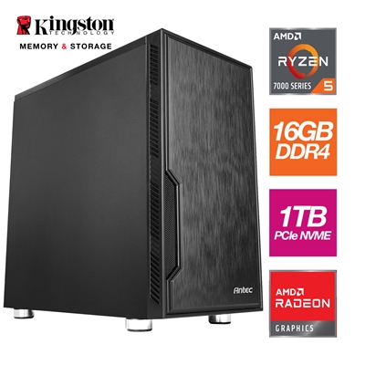 AMD Ryzen 5 7600 6 Core 12 Threads 3.80GHz (5.10GHz Boost) Kingston 16GB DDR5 RAM, Kingston 1TB NVMe Stylish Black Antec Case - Pre-Built System