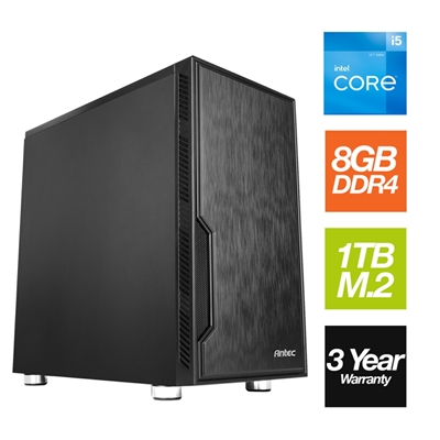 Antec Chassis, Intel i5 12400 12th Gen 6 Core 12 Thread, 2.50GHz (4.40GHz Boost), 8GB DDR4 RAM, 1TB NVMe M.2 - Pre-Built PC