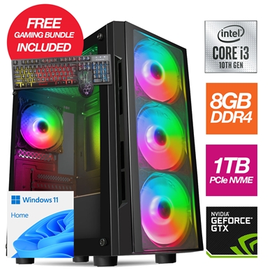 RGB Gaming System - Intel i3 10100F Quad Core 8 Thread 3.60GHz (4.30GHz Boost), 8GB RAM, 1TB NVMe M.2, GTX1650 4GB Graphics card, Windows 11 Home, with FREE Gaming Keyboard & Mouse Bundle - Pre-Built PC