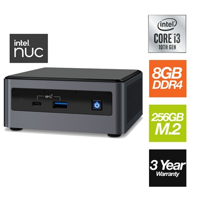 Intel Next Unit of Computing Intel Core i3-10110U 10th Gen, 2.1GHz, 8GB SODIMM RAM, 256GB M.2, Wi-Fi - Pre Built NUC Form Factor