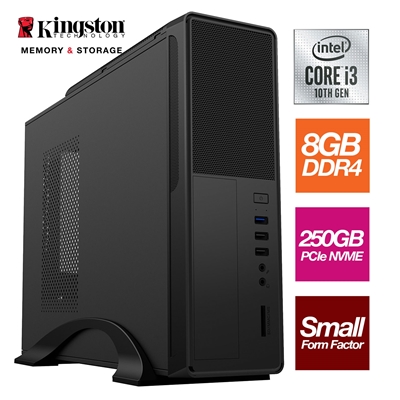 Small Form Factor - Intel i3 10100 Quad Core 8 Thread 3.60GHz (4.30GHz Boost), 8GB Kingston RAM, 250GB Kingston NVMe M.2 - No Optical, Small Foot Print for Home or Office Use - Pre-Built PC