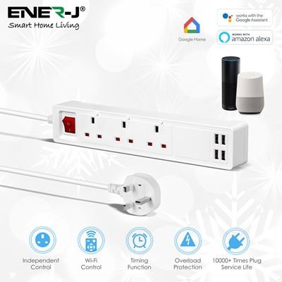ENER-J WiFi Smart Mains Power 3-Gang Extension with 4x USB Ports, App/Voice Control, Surge/Overload Safety Protection