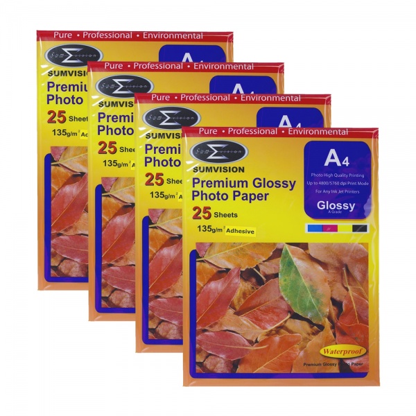 100 Sheets Sumvision A4 Self-Adhesive Inkjet Printer Photo Paper Glossy 135gsm