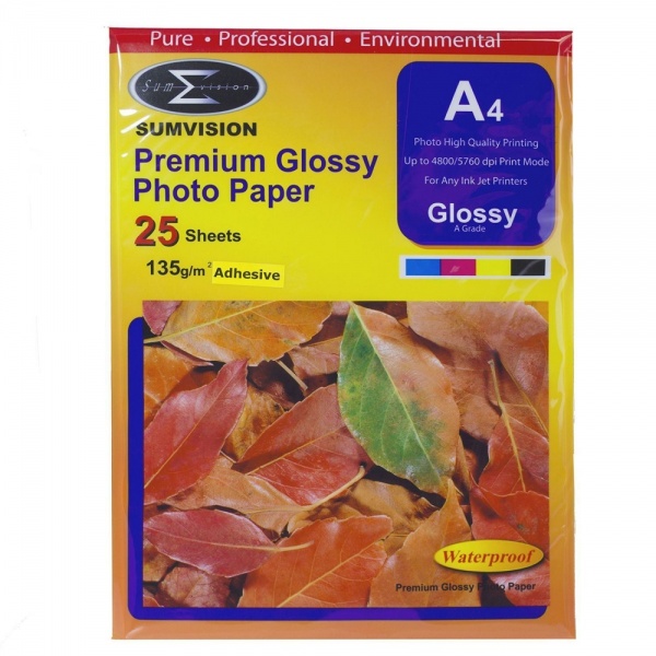 Sumvision A4 Self-Adhesive Inkjet Printer Photo Paper Glossy 135gsm 25 Sheets Pack