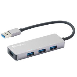 Sandberg External 4-Port USB-A Pocket Hub - USB-A Male, 1 x USB 3.0, 3 x USB 2.0, Aluminium, USB Powered, 5 Year Warranty