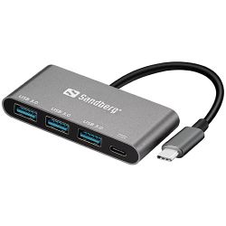 Sandberg External 4-Port USB Hub - USB-C Male, 1x USB-C PD, 3x USB 3.0, Aluminium, USB Powered, 5 Year Warranty