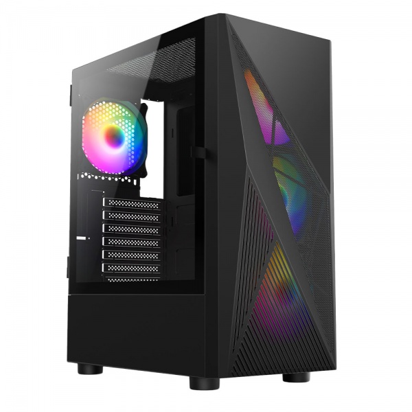 Vida Tempest Black Mid ATX Gaming PC Case, 4x 120mm ARGB LED Fans, Meshed Front, Tempered Glass Panel